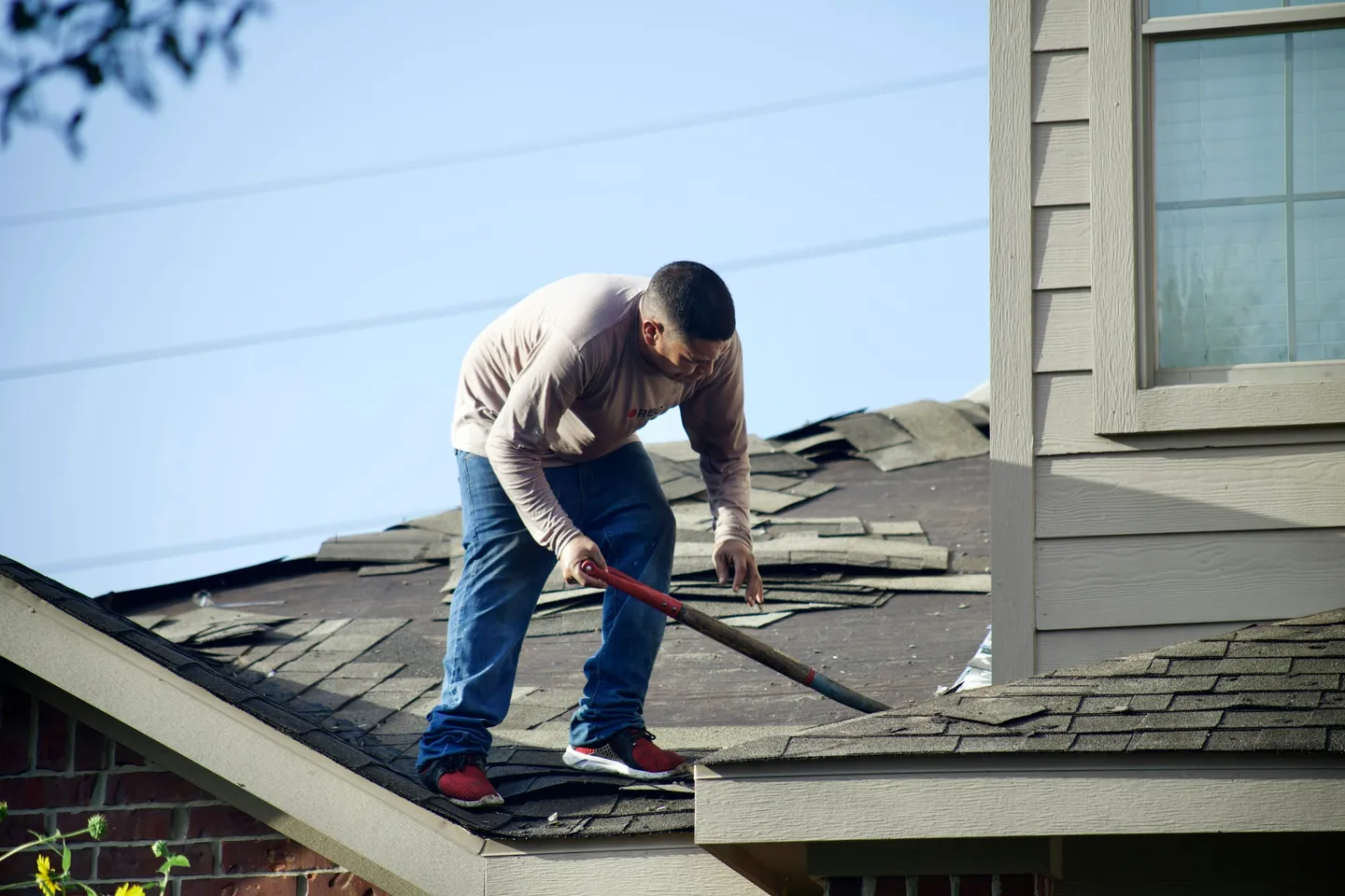 Asphalt shingles removed to expose roof decking